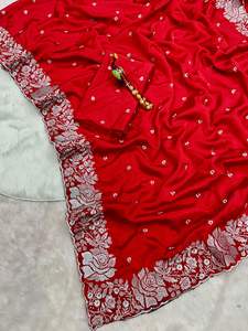 Saree con estampado de satén Georgette de diseñador de estilo pesado de alta calidad con pieza de blusa al mejor precio - Product Image 5