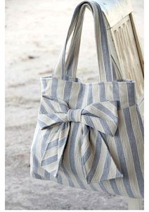 Blue Striped Bow Tote <b>Bag</b> With Classic Bow Detail <b>On</b> Cotton Fabric In Blue And White Designed For Simple Everyday Shoulder <b>Carry</b> - Product Image 2