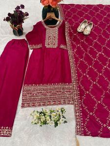 Trajes de diseñador pesados para fiesta de boda, hilo de Chinon puro y bordado de secuencia, parte inferior superior con trabajo pesado Dupatta, traje de 3 piezas - Product Image 3