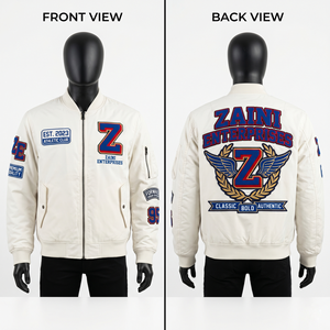 <b>Mens</b> Windproof Hooded Winter Bomber <b>Jacket</b> 240 GSM Premium Polyester Twill <b>White</b> Embroidered Chenille Patch Custom Logo Varsity - Product Image 1