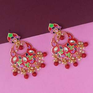 Kriaa Red Meenakari Kundan Pendientes colgantes Chapado en oro Fino de la primavera - Product Image 1