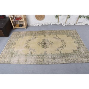 Tapis turc vintage 4.6x7.9ft vert Beige tissage plat laine Patchwork motif pour salon décor ou couloir support en Latex - Product Image 1