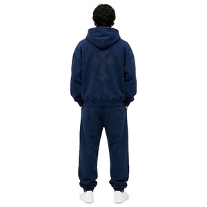 Men 2 Piece Hip Hop Tracksuit Set Oversized Hoodie Jogger Star Cross Patch Fleece Custom OEM Wholesale Manufacturer - Product Image 3