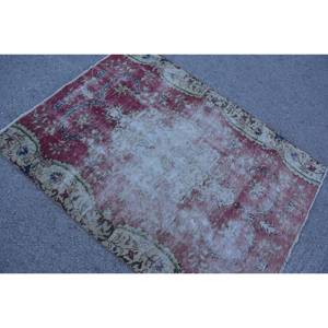 Tapis vintage turc classique rouge beige 4.1x5,3 pieds Patchwork motif abstrait laine latex pour couloir de chambre d'ado - Product Image 4
