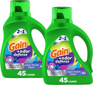 Gain + Odor Defense Detergente líquido para la ropa Paquete de 2, Super Fresh Blast Scent, 65 floz cada uno, 45 cargas cada uno, Compatible con HE - Product Image 1