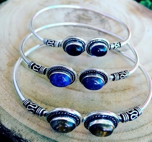 Bracelet manchette femme style bohème en pierres naturelles, plaqué argent, pierre de lune et lapis-lazuli, pour fête, mariage, cadeau - Product Image 2