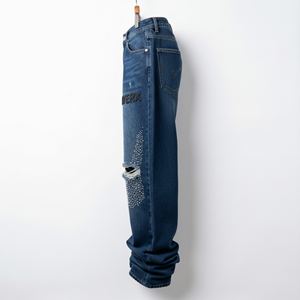 Jeans en denim mi-lourd pour hommes, strass personnalisés pour pantalon baggy déchiré, pantalon streetwear, pantalon Y2K, braguette à boutons hauts - Product Image 3