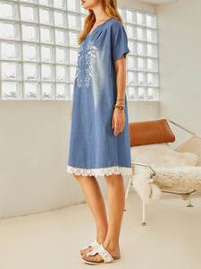 Women Trending Cloths <b>Denim</b> <b>Tunic</b> Elegant Short Sleeve Crew Neck Vintage Front Embroidery Lace Weaving Dress - Product Image 3