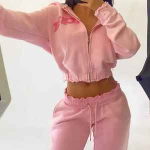 Sweat à capuche zippé surdimensionné en éponge française Patch de lavage à l'acide Applique brodé Ensemble de survêtement court survêtements pour femmes - Product Image 5