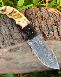 มีดดามัสกัสพร้อมตะขอเกี่ยว8 "ฮอร์นมีดล่าสัตว์ใบมีดคงที่หรือปลอกหนังด้ามไม้ของขวัญสำหรับนักล่า - Product Image 2