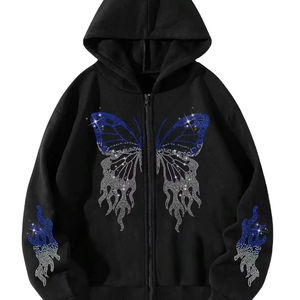Streetwear Custom <b>Vintage</b> French Terry Rhinestones Heavyweight <b>Zip</b> <b>up</b> Men Double-layer Rhinestone Men <b>hoodies</b> - Product Image 1