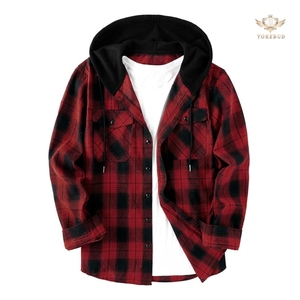 Camisa de Franela con Capucha para Hombre, Chaqueta Informal a Cuadros con Botones, Manga Larga, Elegante, con Bolsillo, 100% Algodón, Impresión Personalizada, Venta al por Mayor, OEM - Product Image 1