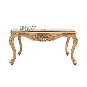 Mesa de Centro Rectangular de Lujo con Doble Superficie de Mármol Gris y Marco de Madera Tallado a Mano en Oro Antiguo para Salas de Estar Clásicas - Product Image 2
