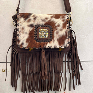 Elegante bolso de cuero de gamuza de nuevo diseño con borlas de flecos Ligero Boho Vintage Hair on Hide Fringe Bags - Product Image 1