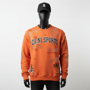 Premium 320 GSM Cotton Blend Fabric Distressed <b>Orange</b> Color Custom Logo Print With Rhinestone Design Logo Basics Sweatshirts - Product Image 1