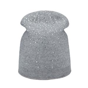 Bonnet en tricot personnalisé chaud et extensible, streetwear décontracté, élégant et brillant, pour femmes, en coton tricoté avec décorations en strass - Product Image 2