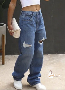 Pantalones vaqueros holgados para mujer rectos de pierna ancha informales cómodos lavados con agujeros sueltos en stock - Product Image 2