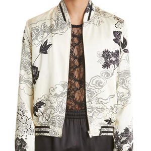 Veste de baseball en satin brodée personnalisée, fermeture éclair intégrale, avec garniture rayée en patchwork, bomber pour hommes - Product Image 1