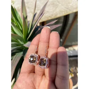 925 <b>Silver</b> <b>Drop</b> <b>Earrings</b> with Smoky Quartz Geometric Ball <b>Drop</b> Trendy Cute Style for Wedding Party or Gift - Product Image 3