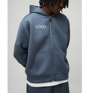 Custom High End Drop Shoulder Hooded <b>Sweatshirt</b> Relaxed Athletic Fit Crossover Factory Wholesale <b>Men</b> Zipper Blue <b>Grey</b> Hoodie - Product Image 4