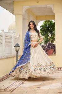 Ensemble Lehenga Choli en Soie Mélangée Ivoire pour Femme Unity Luxure, avec Dupatta Bleu Bandhani Brodé, Modèle 143, pour Mariage et Tenues de Cérémonie - Product Image 4