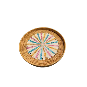 Bandeja de ratán con incrustaciones para decoración de mesa, hecha a mano, redonda, Perla Madre, para servir, hecha en Vietnam - Product Image 2