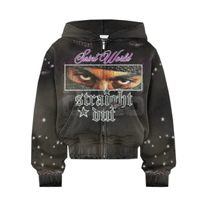 เสื้อฮู้ดดี้แฟชั่นทรงบ็อกซี่โอเวอร์ไซส์แบบครอป ผ้าเฟรนช์เทอร์รี่เนื้อหนา ล้างสีแบบแอซิดวอช แต่งรอยขาด ประดับคริสตัล ซิปด้านหน้า - Product Image 6