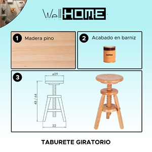 WELL HOME Tabouret de bar pivotant rond en bois avec finition vernie 29x29x64 cm - Product Image 2
