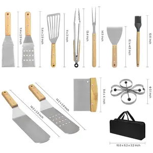 Factory Price 15pcs Bbq Griddle Accessory Stainless Steel BBQ Griddle Accessories Outdoor Baebecue Tool Set With Wooden Handle