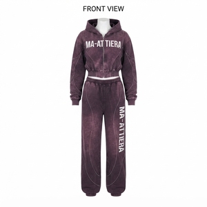 Conjunto de Sudadera Corta con Cremallera y Pantalones Jogger de Pierna Ancha para Mujer, Morado, con Lavado Ácido, de Algodón y Felpa, Estilo Urbano, OEM al por Mayor - Product Image 4