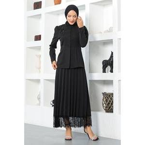 Conjunto de Falda Casual Diaria Dantel: Top Largo con Cuello con Volantes y Falda Midi de Poliéster Tejido, Diseño Liso Estampado para Primavera - Product Image 4