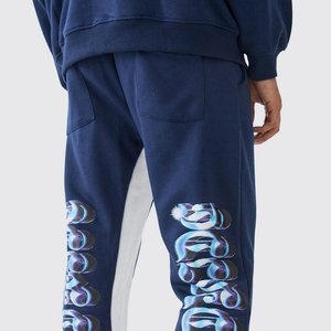 Conjunto de Sudadera con Capucha Azul Marino para Hombre, Corte Holgado, Forro Polar, Estampado de Letras, Chándal Informal con Bolsillo, Ropa de Otoño - Product Image 5