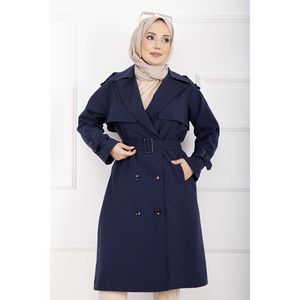 Abrigo de Gabardina Azul Marino Premium para Mujer Allerli, Cierre Cruzado, Cinturón Desmontable para Otoño - Product Image 2