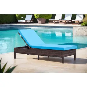 Rattan Patio Lounge Chair With Adjustable Backrest And Removable Blue Cushion Outdoor PE Material Pool Lounge Chair