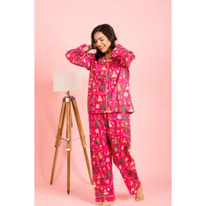 Conjunto de Pijama Corto Rosa Intenso para Navidad, Tejido Elástico de Spandex, Cintura Elástica, Transpirable, Estampado Térmico de Dibujos Animados, Talla XS para Invierno y Verano - Product Image 3
