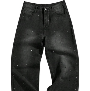 Custom Rhinestone Split Hem <b>High</b> <b>Waisted</b> Skinny Fit <b>Jeans</b> for <b>Men</b> - Product Image 1