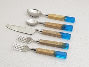 Couverts en acier inoxydable au design moderne, ensemble de couverts, couleur personnalisée, manche en bois et résine, vaisselle décorative de table, 5 pièces, ensemble de couverts - Product Image 6