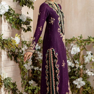 2023 fête-porter indien/pakistanais Zari broderie longue Kurta pantalon avec Dupatta robe violet couleur dentelle décoration pour mariage - Product Image 1