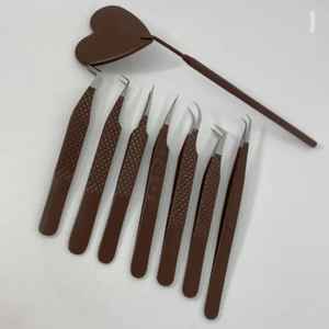 Pinces à extensions de cils personnalisées avec logo, revêtement brun, légères, en acier inoxydable, pointe dentelée, outil de précision durable - Product Image 3