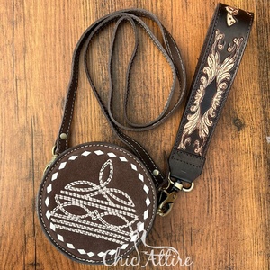 Sac à main ODM OEM personnalisé en cuir suédé avec point de botte, porte-monnaie à bandoulière usiné à la main, pochette à fermeture éclair, sac à main rond multifonction pour femmes - Product Image 1