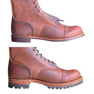 C'est une paire de bottes Red Wing Iron Ranger, peut-être le modèle 8085 en cuir brut et robuste couleur cuivre ou le modèle 8111 en cuir harnais couleur ambre. - Product Image 4