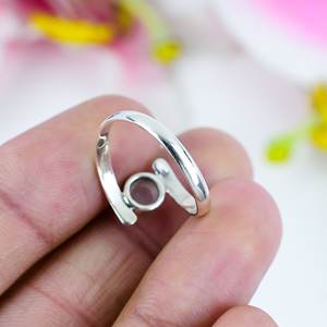 Rose Quartz Adjustable <b>Ring</b> Natural Pink Round Cabochon Gemstone Sterling Silver Minimalist <b>Open</b> Band <b>Ring</b> - Product Image 3