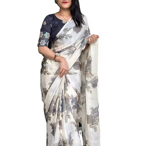 Couleur blanche Designer exclusif Look élégant Tendance Satin Soie Mousseline de soie Braso Imprimé Saree NUMÉRIQUE - Product Image 1