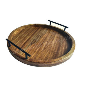 Stylish Burnt Natural Finished Round Handmade Mango Wood Serving Tray with Metal Handles for Kitchen Use and Home Decor Display - Product Image 1