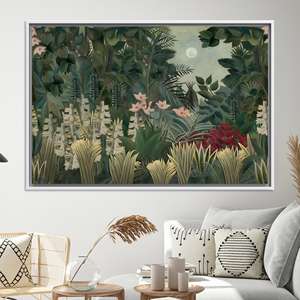 Impression sur toile exotique « Jungle sous la lumière de la lune » - Art mural botanique forestier apaisant, toile encadrée blanche - Product Image 1