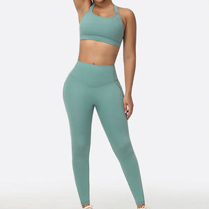 Ensembles de sport côtelés pour femmes, 2 pièces, soutien-gorge de sport sans dos à bretelles, leggings sans couture, ensemble assorti, tenues de yoga - Product Image 4
