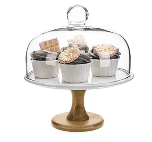 Modern akasya ahşap kek standı akrilik kapak ile düğün için yuvarlak ahşap ürün sunucu kek standı ekran Cupcake teşhir tepsisi