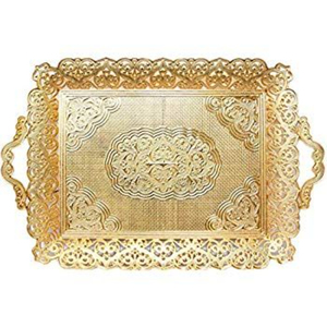 Plateau de service rectangulaire en métal de style arabe de luxe avec poignées dorées, en acier inoxydable, décoratif, style marocain, pour la maison - Product Image 6