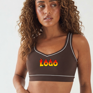 Soutien-gorge de sport marron sans coutures pour femme, dos nageur, avec bordure contrastante, maintien élevé, rembourré, coupe courte, pour la gym, la course et le yoga, imprimé - Product Image 1