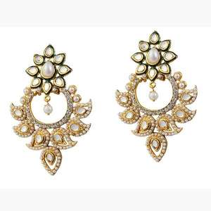 Kriaa Kundan <b>Green</b> Pearl Meenakari Dangler <b>Earrings</b> 1303759 - Product Image 1